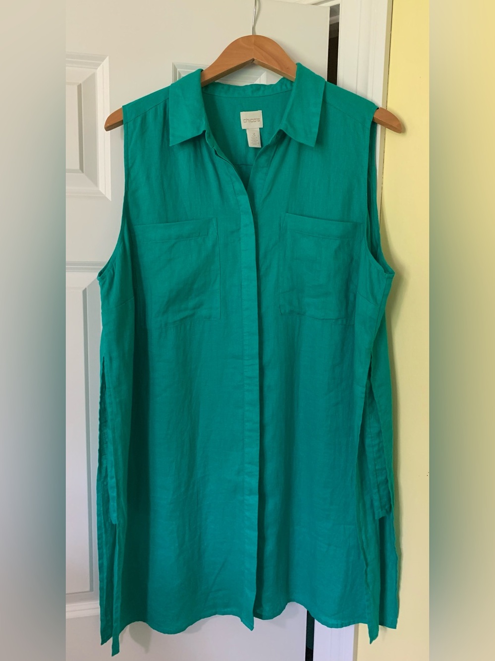 100%Linen Chicos Button OversizeSleeveless Tunic Layer Emerald KellyGreen